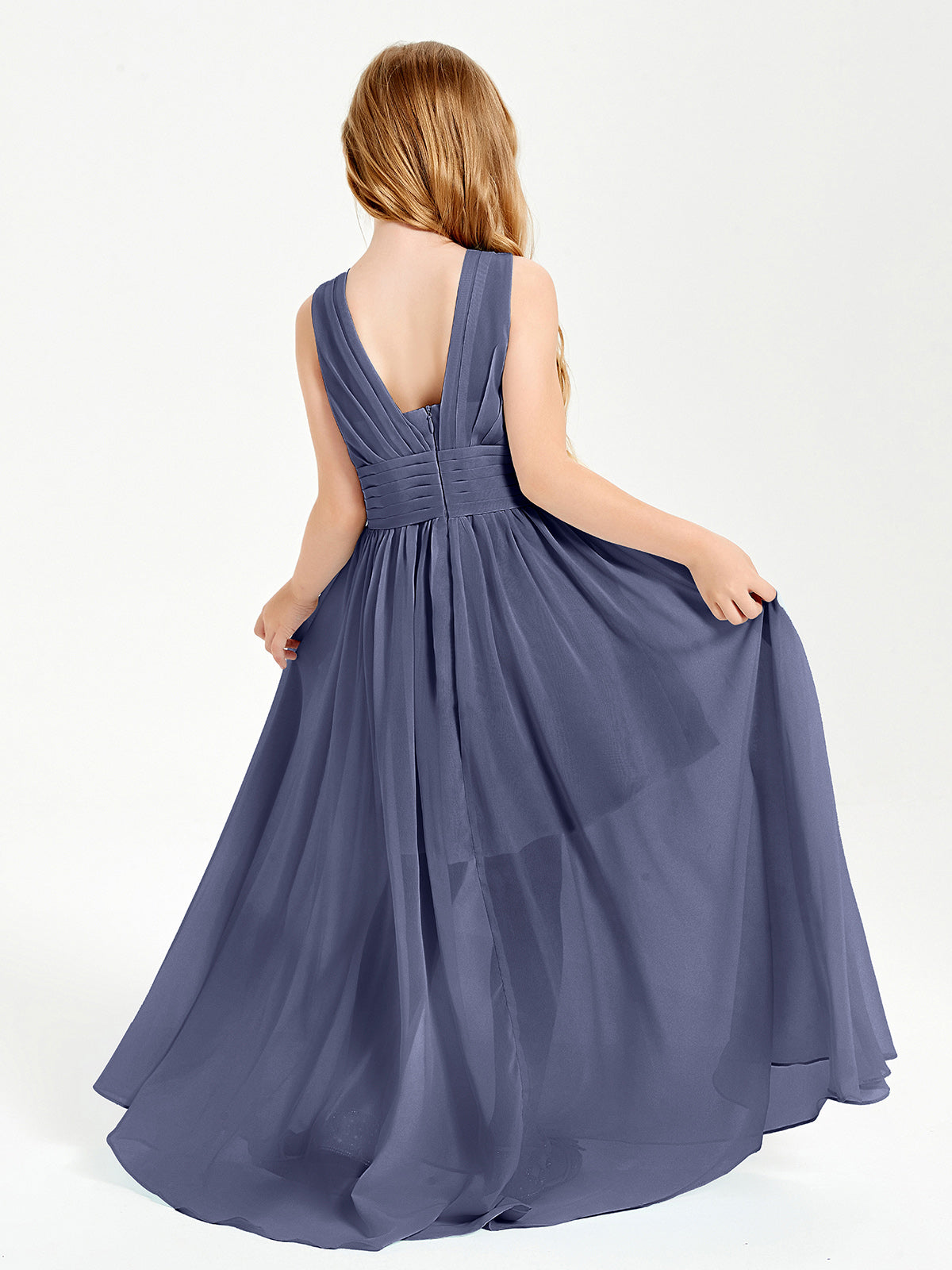 Long V-neck Junior Bridesmaid Dresses Stormy